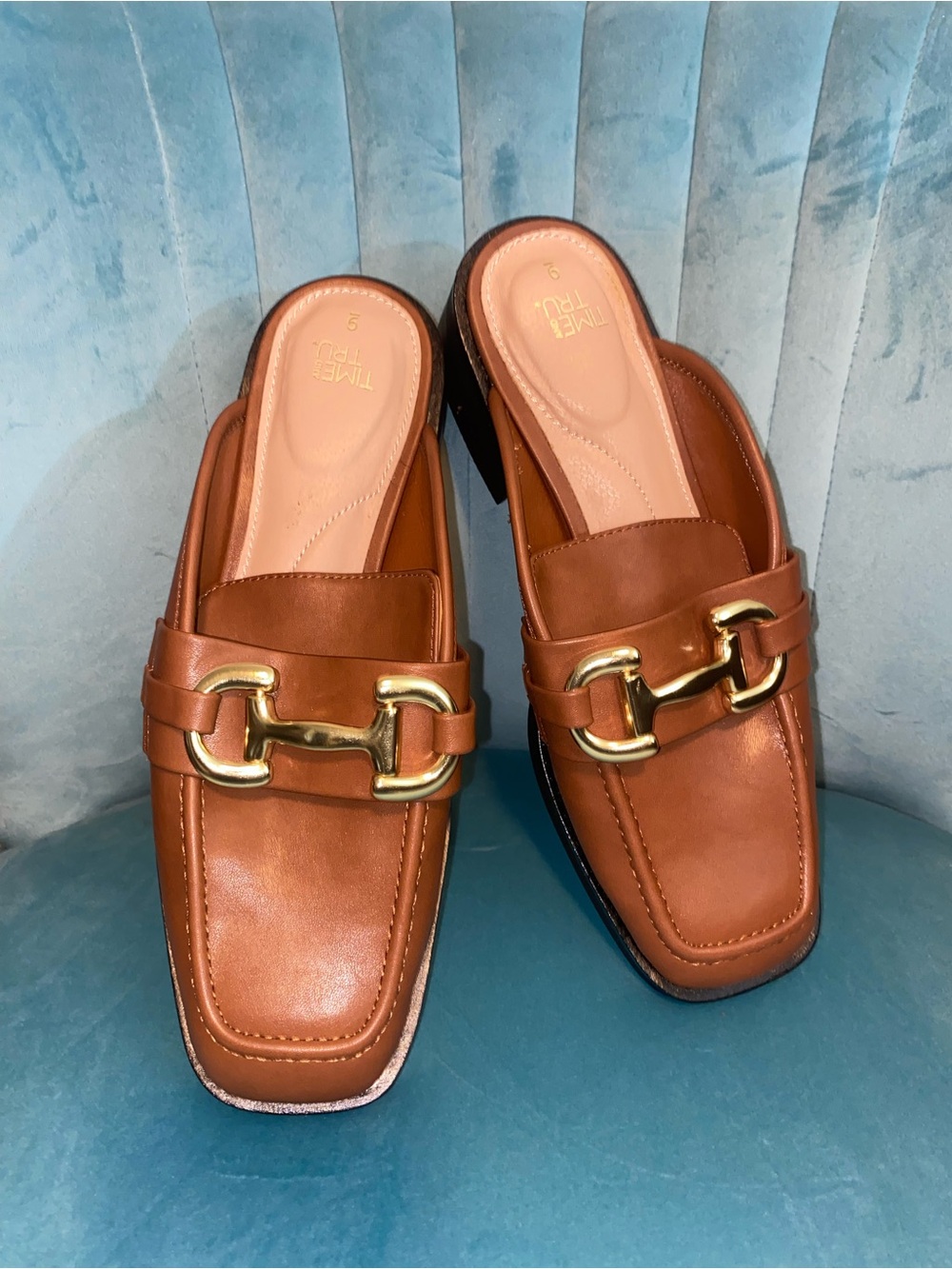 Time and Tru Brown Slip-On Loafers with Gold Buckle